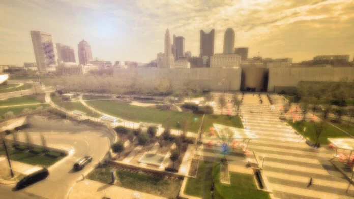 Hazy photo of downtown Columbus from Columbus Underground